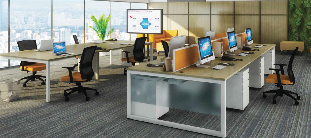  a workplace with modular workstations and chairs
